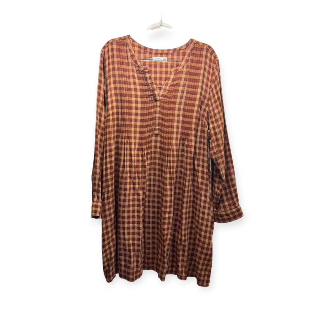 Womens Maple Plaid Pintuck Dress Long Sleeve Tunic Split Y-Neck Pockets 1X Rust